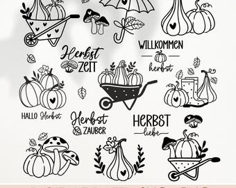 May include: A collection of black and white digital illustrations featuring pumpkins, mushrooms, wheelbarrows, umbrellas, and rain boots. The designs include German text phrases such as Herbst Zeit, Willkommen Herbst, Hallo Herbst, Herbst Zauber, and Herbst liebe.