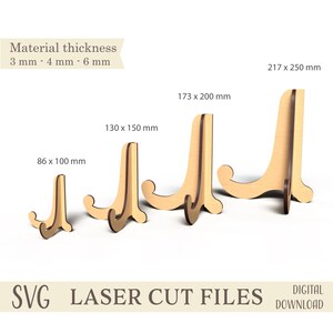 May include: Four wooden display stands of different sizes, ranging from 86 x 100 mm to 217 x 250 mm. The stands are made of light wood and have a simple, elegant design.  Material thickness: 3 mm - 4 mm - 6 mm. SVG Laser Cut Files. Digital Download.