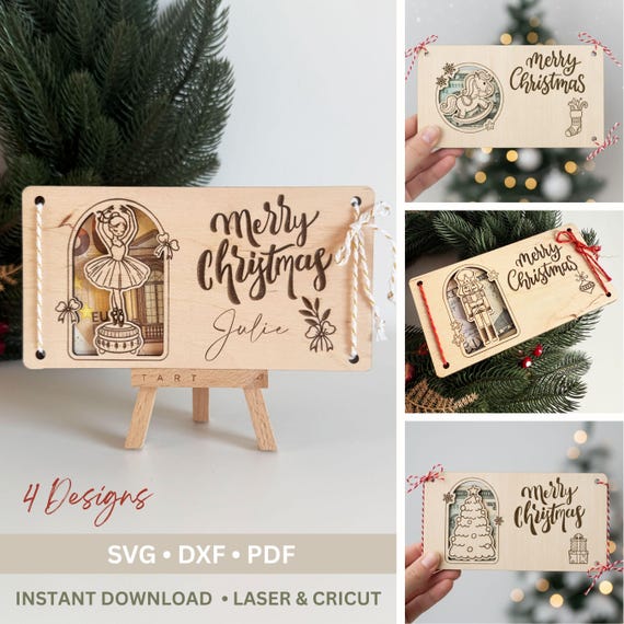 Christmas Money Holder SVG, Nutcracker Gift Cash Card Holder Laser Cut File, Merry Christmas Envelopes Glowforge xTool