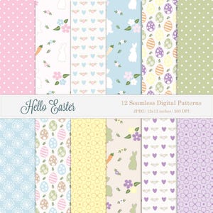 Pode incluir: Doze padrões digitais sem costura em uma variedade de cores e designs, incluindo bolinhas, corações, flores, coelhos, cenouras e ovos de Páscoa. Os padrões são perfeitos para artesanato, scrapbooking e design digital. O texto "Hello Easter" e "12 Seamless Digital Patterns" está incluído na imagem.