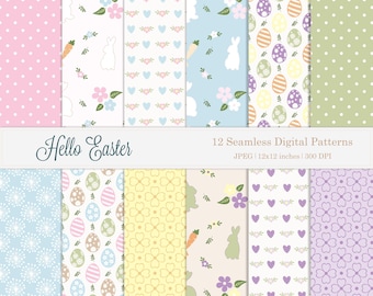 12 bezszwowych wzorów wielkanocnych, powtarzający się cyfrowy papier z króliczkiem i jajkiem, pastelowy wzór wiosenny na tkaninę, kwiatowy album, tła do druku