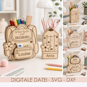 Puede incluir: Un organizador de escritorio de madera con forma de mochila con el texto Alles Gute zur EINSCHULUNG y Louise, junto a un portalápices con forma de lápiz con el nombre Anna. El conjunto incluye varios lápices de colores y una regla de madera.