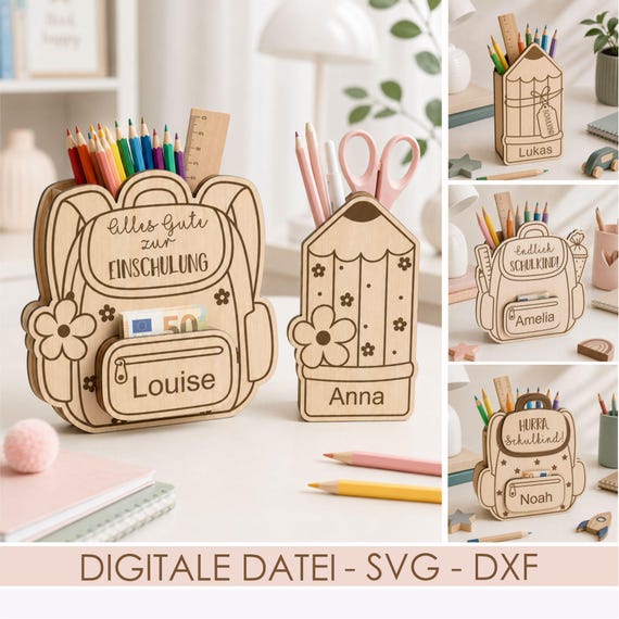 Personalisierte Einschulung Geschenkbox SVG Laserdatei, Geldgeschenk Schule, Stiftehalterbox Schulranzen + Gewerbelizenz