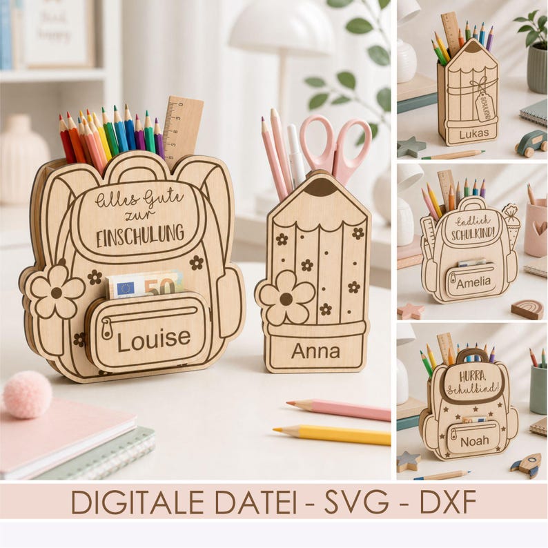 Puede incluir: Un organizador de escritorio de madera con forma de mochila con el texto Alles Gute zur EINSCHULUNG y Louise, junto a un portal&aacute;pices con forma de l&aacute;piz con el nombre Anna. El conjunto incluye varios l&aacute;pices de colores y una regla de madera.