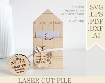 May include: Laser cut file for a teacher appreciation gift card holder. The holder is shaped like a pencil and has a small apple with the text "Thank you for being my teacher" on it. The file comes in SVG, EPS, PDF, DXF, and AI formats.