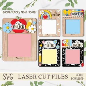 May include: Wooden teacher sticky note holders with various designs. One features an apple, pencil, and flowers. Others include rainbows, pencils, and flowers. Each holder has a space for a sticky note and the name "Mrs. Miller."