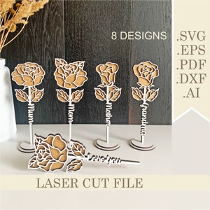 スタンド付き2層ローズSVG、レーザーカットファイルスタンディングローズ、母の日のパーソナライズローズ3D木製マムフラワー、バレンタインデーギフトレーザー