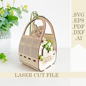 Cesta de huevos de Pascua SVG, organizador de archivos cortados con láser, cesta para huevos, archivos de corte de cesta de regalo de Pascua con conejito y huevo, Digital Glowforge