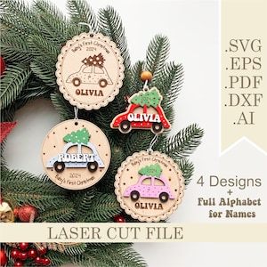 SVG Personalisierte Babys erste Weihnachtsverzierung Laser geschnittene Datei Weihnachtsauto-Verzierungen, Namen Weihnachtsgeschenkanhänger, Namenstrumpfdekorationen