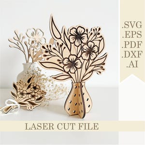 Muttertagsblumen und Vase SVG, 3D Laser geschnitten Datei Wildblumenstrauß, graviertes Blumengeschenk für Mutter, Geburtstagsgeschenk, digitaler Download