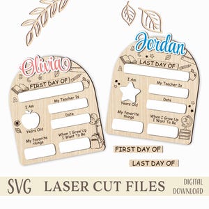 Placa de volta às aulas SVG, arquivo intercambiável cortado a laser, placa personalizada de primeiro e último dia de aula, quadro escolar para apagamento a seco SVG para download