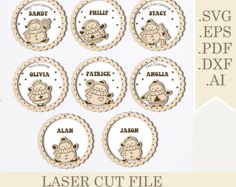 Snowman Christmas Ornaments SVG Bundle, Christmas Tree Toys Laser Cut file, Baby First Christmas, Name Stocking Tag, Digital Download