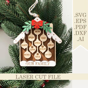 Nom de famille ornement de Noël SVG Fichier découpé au laser, ornement de maison en pain d'épice avec 2 à 11 noms de membres, ornement de maison de famille pour grand-mère