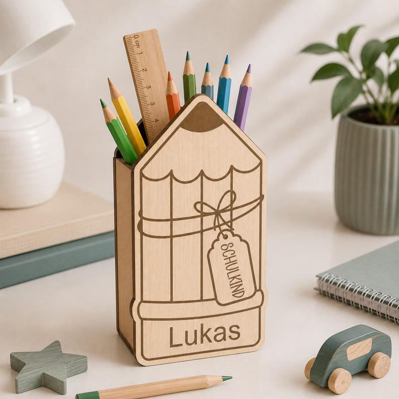 Puede incluir: Un portal&aacute;pices de madera clara con forma de l&aacute;piz grande, que presenta el nombre Lukas y una etiqueta con la inscripci&oacute;n SCHULKIND. Contiene varios l&aacute;pices de colores y una regla de madera con marcas de cent&iacute;metros visibles sobre una superficie.