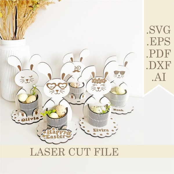 Soporte de huevo de conejito de Pascua SVG, soporte de soporte de huevo organizador archivo de corte láser, organizador de escritorio personalizado de conejito de Pascua svg, Glowforge digital