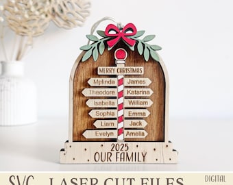 North Pole Christmas Ornament SVG, Family Name Laser Cut File for Glowforge, 2-12 names, Personalized Shelf Decor, 2025 Holiday Keepsake