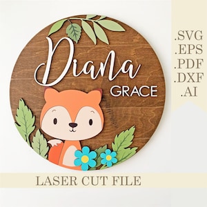 Fuchs Baby Namensschild SVG, Waldtiere Runde Kinderzimmer Namensschild Laser geschnitten Datei, Wald Kinderzimmer Dekor svg, digitaler Download Glowforge