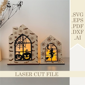Halloween Spooky House Kerzenhalter SVG, Haunted House Tiered Tablett Laser Cut Datei Set mit 2 Tischlampen, Halloween Thanksgiving Decor