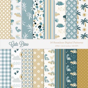 16 Dinosaur Seamless Digital Paper Pack, Neutral Dino patterns for fabric, Scrapbooking Baby Shower Dinosaur birthday, Papers for invitation