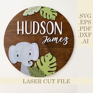 Olifant babynaam teken SVG, jungle dieren ronde kinderkamer naam teken lasergesneden bestand, Safari kinderkamer decor svg, digitale download Glowforge