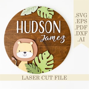 León bebé nombre signo SVG, animales de la selva redondo vivero nombre signo archivo de corte láser, Safari vivero decoración svg, descarga digital Glowforge