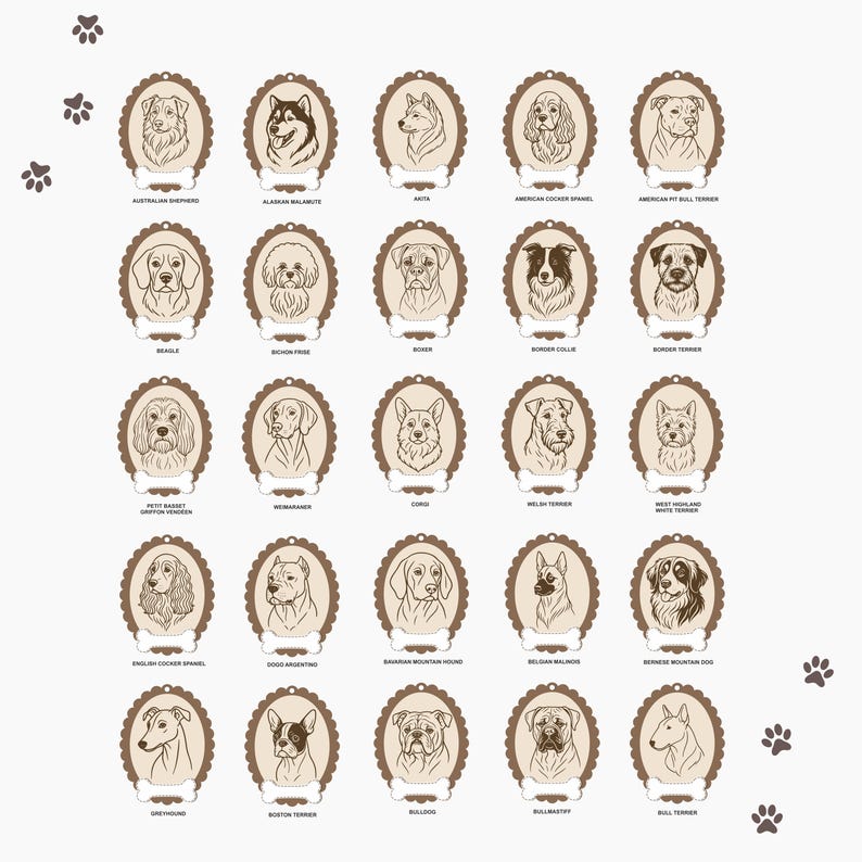 May include: A collection of 24 dog breed portraits in oval frames with bone-shaped name tags. Breeds include Australian Shepherd, Alaskan Malamute, Akita, American Cocker Spaniel, Beagle, Bichon Frise, Boxer, Border Collie, and more. Paw prints are in the corners.