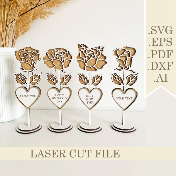 Rose debout SVG, trois couches Rose & coeur avec support fichiers découpés au laser svg, rose en bois 3D personnalisable fête des mères, maman Rose découpée au laser