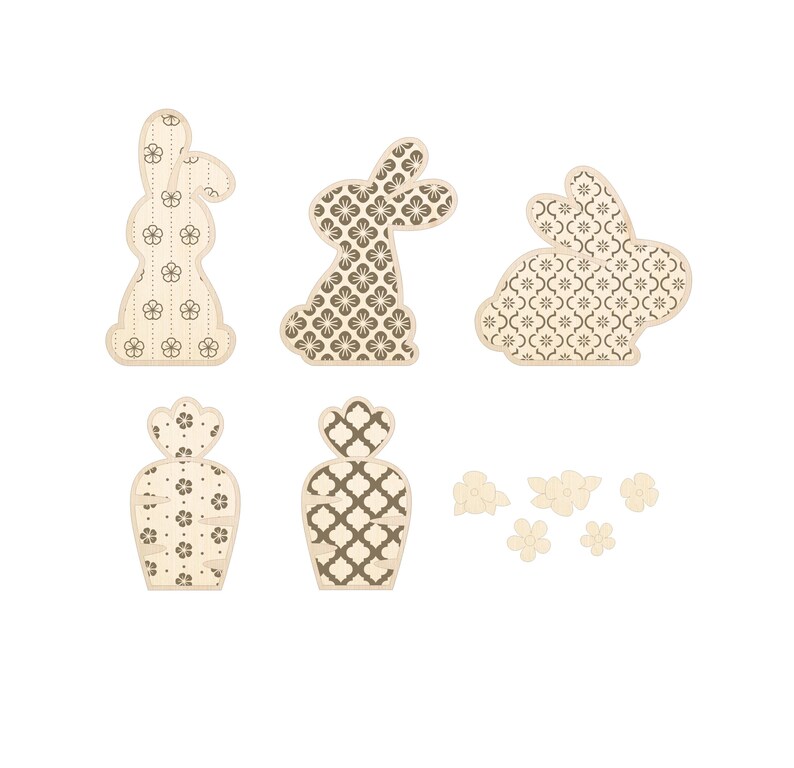 May include: A set of six wooden cutouts featuring a bunny rabbit and flower designs. The cutouts are decorated with a brown and white geometric pattern.