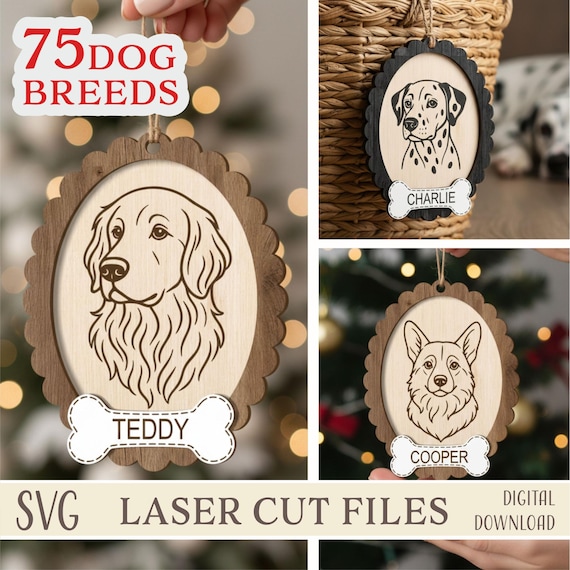 Dog Breed Ornament SVG, 75 Dog Portrait Laser Cut File, Personalized Dogs Name Christmas Tag, Glowforge Dog Decor