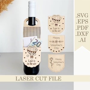 Archivo cortado con láser para portatarjetas de regalo de San Valentín, etiqueta para botella de vino SVG para San Valentín, dinero en efectivo para regalo, etiqueta para vino, colgante para botella, archivos digitales