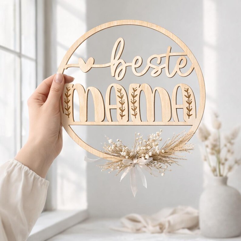 K&ouml;nnte beinhalten: Ein kreisf&ouml;rmiges Holzschild mit den Worten "beste mama" in einer Schreibschrift ausgeschnitten. Das Wort "mama" steht unter "beste" und hat florale Akzente. Ein kleiner Strau&szlig; aus Trockenblumen und Schleife ist unten befestigt.