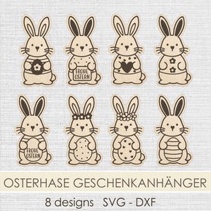 May include: Eight wooden Easter bunny designs with various patterns and details. Some bunnies have floral accents, heart designs, or the text "Frohe Ostern". The bunnies are light brown with dark brown outlines.