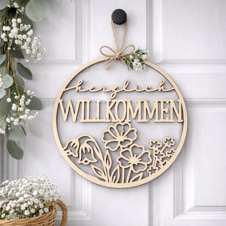 Willkommen Türkranz Blumen SVG Datei, Laser Cut Türdeko, Frühling Runde Schild Laserdatei immagine 5