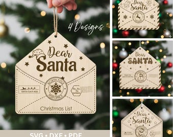 May include: Wooden Christmas ornaments in the shape of an envelope, with the words "Dear Santa" and "Christmas List" engraved. The ornaments feature various designs, including a Santa Claus mail stamp and snowflakes. The image also includes the text "4 Designs".