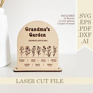 Grandma&#39;s Garden Sign SVG, Mom Garden Sign Laser Cut files, Mothers day SVG, Birth Month Flowers, Mom&#39;s Garden svg, Kids Gift For Grandma