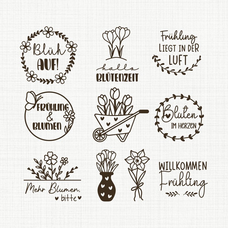Frühling und Blumen SVG Plotterdatei, 20 Frühlings Sprüche & Blüten Motive, Frühlingsdeko Set für Tür und Fenster imagem 2