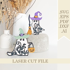 Halloween Ghosts With Broomstick and Pumpkin SVG files, Ghost Shelf Sitter or Tier Tray Decor Laser Cut file, Boo Svg Digital Download