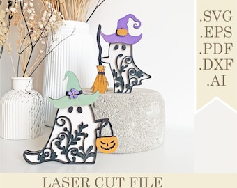 Halloween Ghosts With Broomstick and Pumpkin SVG files, Ghost Shelf Sitter or Tier Tray Decor Laser Cut file, Boo Svg Digital Download