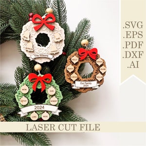 Arquivo de corte a laser Guirlanda de Natal Enfeites de família SVG, Nomes personalizados Decorações de Natal, Enfeite de árvore genealógica svg Digital Glowforge