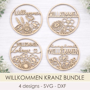 Willkommen Türkranz Blumen SVG Datei, Laser Cut Türdeko, Frühling Runde Schild Laserdatei