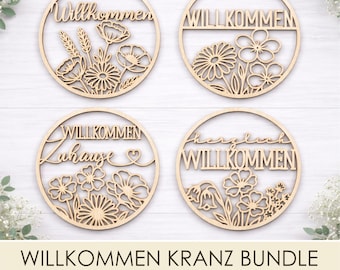 Willkommen Türkranz Blumen SVG Datei, Laser Cut Türdeko,  Frühling Runde Schild Laserdatei