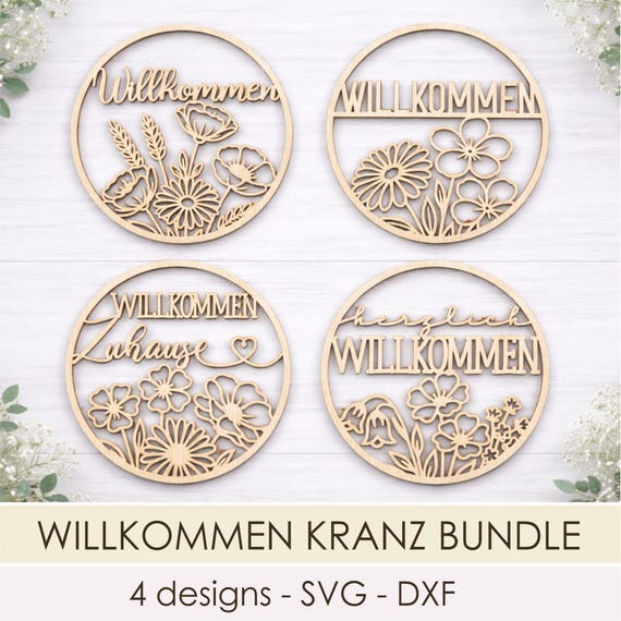 Willkommen Türkranz Blumen SVG Datei, Laser Cut Türdeko,  Frühling Runde Schild Laserdatei