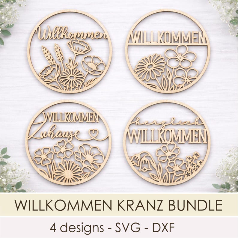 Willkommen Türkranz Blumen SVG Datei, Laser Cut Türdeko, Frühling Runde Schild Laserdatei immagine 1