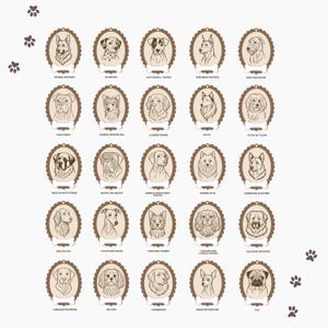 May include: A collection of 24 dog breed portraits in oval frames with bone-shaped accents. Breeds include German Shepherd, Dalmatian, Jack Russell Terrier, and others. The portraits are in a brown and cream color scheme, with paw prints in the corners.