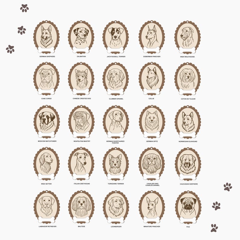 May include: A collection of 24 dog breed portraits in oval frames with bone-shaped accents. Breeds include German Shepherd, Dalmatian, Jack Russell Terrier, and others. The portraits are in a brown and cream color scheme, with paw prints in the corners.