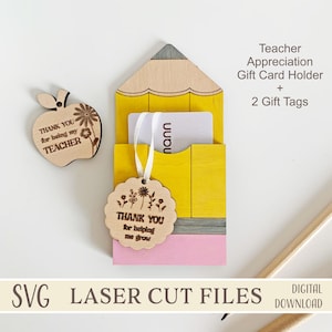 Porta tarjetas de regalo para maestros SVG, forma de lápiz, paquete de etiquetas de agradecimiento para maestros, archivos cortados con láser, el mejor regalo de agradecimiento para maestros, regreso a clases