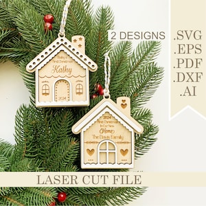 Adornos de casa de jengibre SVG Archivo cortado con láser, Adorno para el primer día de Navidad, Etiqueta para calcetines con nombre, Adorno con nombre de familia, Decoración para árbol de Navidad