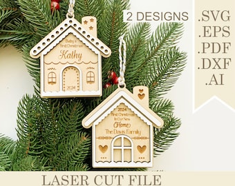 SVG Gingerbread house ornaments Laser cut file, First Christmas Ornament, Name Stocking Tag, Family name ornament, Christmas Tree Decoration