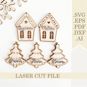 Adornos de casa de jengibre SVG Archivo cortado con láser, Adorno para el primer día de Navidad, Etiqueta para calcetines con nombre, Adorno con nombre de familia, Decoración para árbol de Navidad