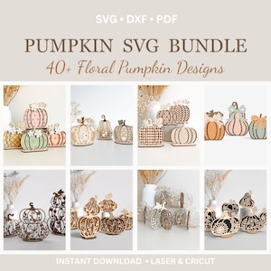 以下が含まれることがあります： 花柄の木製装飾カボチャのデザインコレクション。画像には、切り抜きデザイン、水玉模様、リボンなど、さまざまなカボチャのスタイルが示されています。上部のテキストは「PUMPKIN SVG BUNDLE」と「40+ Floral Pumpkin Designs」と書かれています。